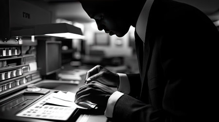 Close-up of a man aligning documents in a photocopier tray, with attention to detail in a quiet office setting.の素材