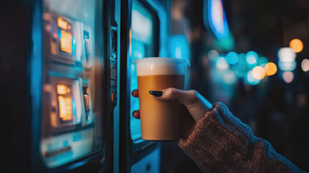 Close-up of woman's hand holding a hot drink from vending machine, with sleek, modern office background adding a polished touch.の素材