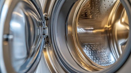 Close-up of washing machine drum with reflective metallic finish, highlighting the modern aesthetic and premium quality.の素材