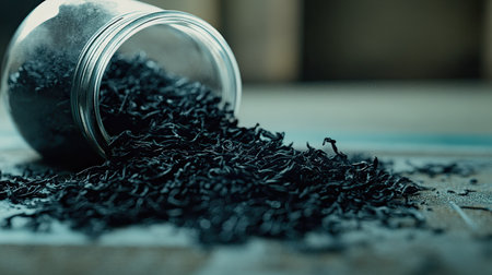 Detailed view of dry black tea leaves spilling from a glass jar onto a table, capturing the fine, curled texture and rich color.の素材