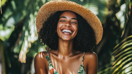 Happy woman wearing a straw hat and floral dress, with a big smile on her face as she enjoys a sunny day outdoors, surrounded by vibrant greenery.の素材