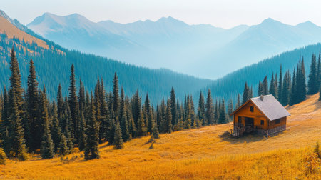 Lonely wooden house in a forest clearing, surrounded by towering pine trees and a mountain range in the misty distance.の素材