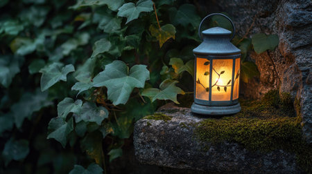 Lantern resting on a cracked stone bench in a historical courtyard, with soft light reflecting off dewy ivy and mossy walls.の素材