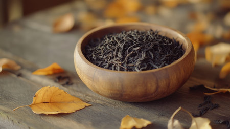 Handcrafted wooden bowl filled with dry black tea leaves, set on a rustic table with scattered leaves nearby for a natural, earthy look.の素材