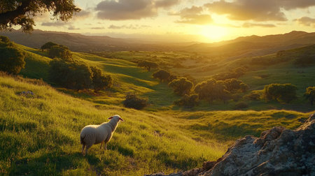 Lone sheep in a grassy meadow, with rolling green hills and distant trees, basking in the gentle light of a calm afternoon.の素材