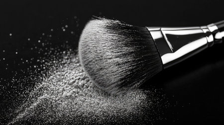 Makeup brush covered in highlighter powder, with a light shimmer scattered across a black background, creating a glamorous vibe.の素材