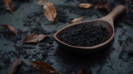 Dry black tea leaves in a wooden scoop on a textured surface, with scattered leaves adding depth and a cozy, artisanal vibe.の素材