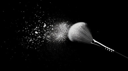 Makeup brush covered in highlighter powder, with a light shimmer scattered across a black background, creating a glamorous vibe.の素材