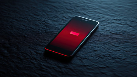 Low battery alert on a mobile phone screen in a dark setting, with ambient light creating a sense of urgency and need for connection.の素材