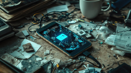 Mobile phone with a low battery icon displayed, lying on a cluttered desk with scattered papers, coffee cup, and tangled charger in the background.の素材