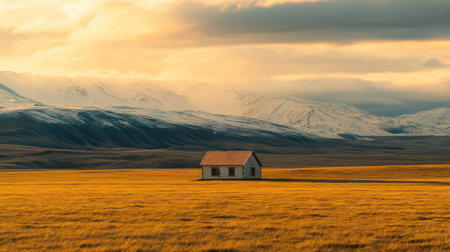 Small house with rustic charm, surrounded by vast plains and jagged mountains under a golden sunset sky, emphasizing solitude.の素材