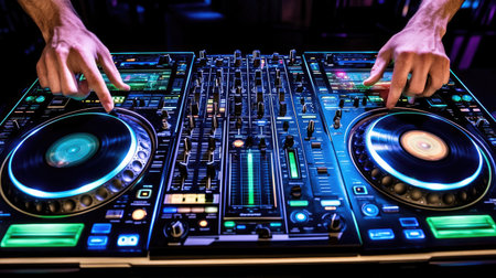 Hands of a DJ adjusting sound levels on turntable, vibrant neon lights casting dynamic colors in the nightclub.の素材