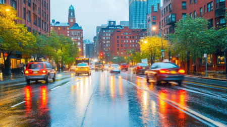 Car moving through a rainy city street at dusk, headlights shining brightly, illuminating the rain-soaked road and buildingsの素材