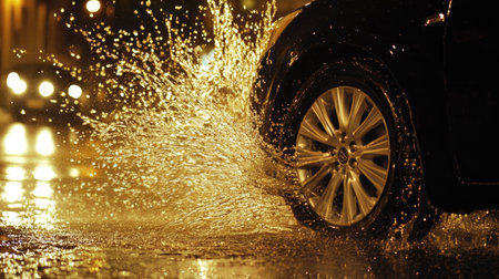 Close-up of car wheel splashing water as it drives through a rainy city road, with reflections from streetlights illuminating the sceneの素材