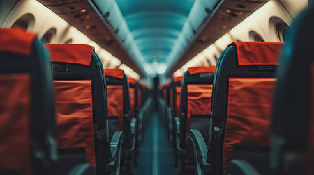 Brightly lit airplane cabin with rows of empty seats, displaying the spacious aisle and well-organized seat rowsの素材