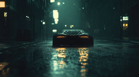 Car driving on a wet city road during heavy rain, headlights reflecting off the shiny pavement, creating a moody urban sceneの素材
