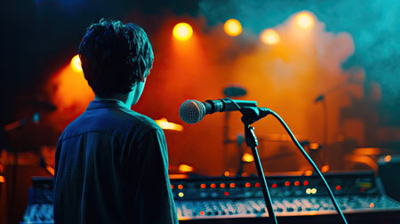 Close-up of microphone mesh and stand, with an audio console in the background, highlighting professional sound equipmentの素材