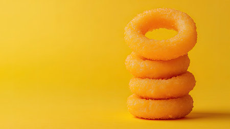 Golden onion rings stacked in a pile, isolated on a soft background, capturing the detailed crispy coating and round shapeの素材