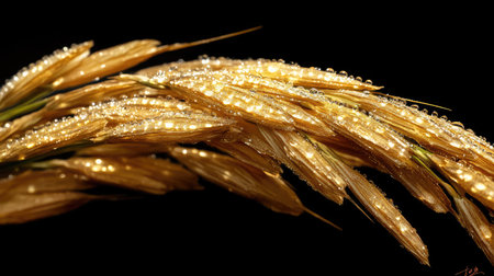 Close-up of rice ear with dew on leaves, isolated against a dark background, highlighting moisture and textureの素材