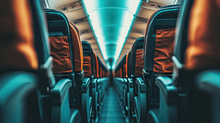Rows of seats in a narrow airplane aisle, with overhead bins closed, highlighting a clean and organized cabin layoutの素材