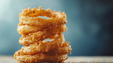 Pile of fried onion rings, isolated on a plain background, with each ring perfectly coated and showing crisp, golden edgesの素材