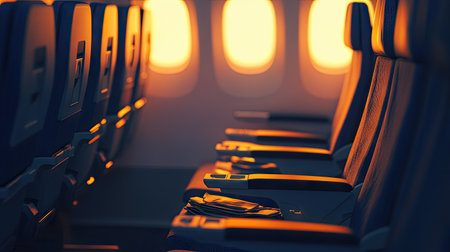 Neatly arranged row of economy seats on an airplane, with folded tray tables and ambient lighting, giving a sense of order and calmの素材