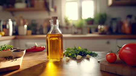 Soybean oil bottle on a counter with vegetables, spices, and herbs nearby, capturing a meal prep scene in a home kitchenの素材