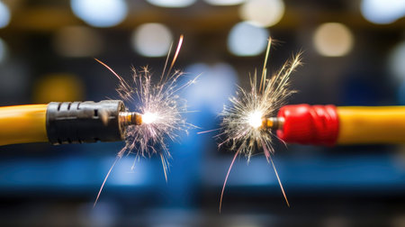 Sparks jumping between two exposed electrical wires, filling the air with bright bursts of light in an industrial setting, suggesting electrical riskの素材