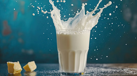 Pouring milk into a glass with a splash effect, droplets surrounding the glass against a vibrant blue backgroundの素材