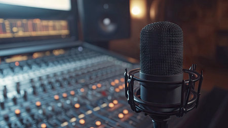 Studio microphone in front of an audio console, with dials and sliders visible, in a modern recording setupの素材