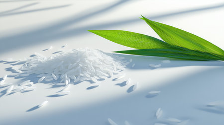 Single ear of rice with bright green leaf, isolated on a light gray background, with shadows enhancing the natural texturesの素材