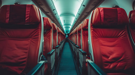 Wide-angle view of an empty airplane cabin with seats neatly arranged, tray tables folded up, and overhead bins closedの素材