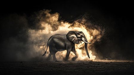 Powerful strides of a lone elephant across dry grassland, dust rising around, creating an aura of strength and graceの素材