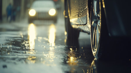 Side view of a car driving through rain on a slick city road, headlights illuminating the falling raindrops and wet surfaceの素材