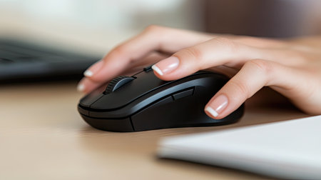 Woman's hand on a mouse with her laptop, writing notes in a notebook beside her, in a peaceful home office setupの素材