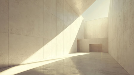 Bright room interior with large, open window and sunlight illuminating the simple space with white walls and a neutral floor.の素材