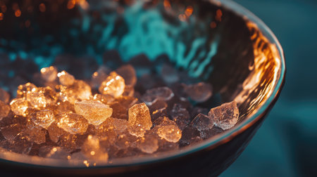 Close-up shot of sugar crystals in a bowl, illuminated to emphasize the glistening and texture of each grain.の素材