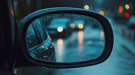 Close-up of rearview mirror with raindrops and a blurred street view, capturing the calm atmosphere of a rainy commute.の素材