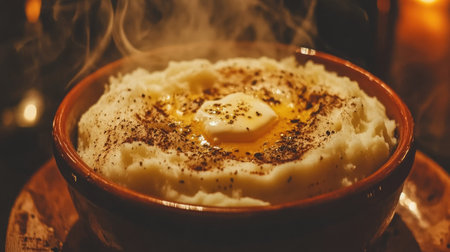 Fluffy mashed potatoes in a bowl, topped with melting butter and black pepper, soft lighting enhancing the warm, comforting vibe.の素材