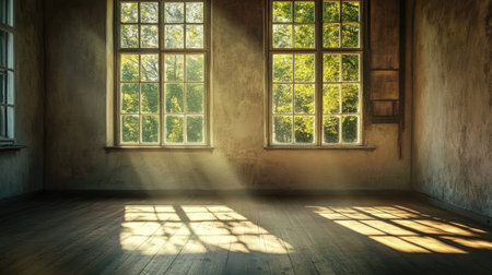 Empty modern room with sunlight streaming through a large window, creating warm shadows on white walls and polished wood floors.の素材