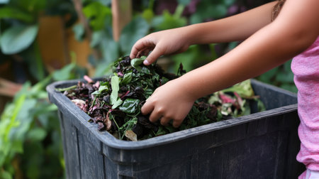 Girl's hand carefully placing food scraps into a kitchen bin, showing sustainable practices at home.の素材