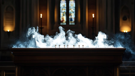 Incense smoke drifting across a wooden altar with spiritual symbols and dim candlelight, adding depth.の素材