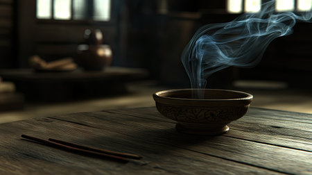 Incense stick in a holder with delicate smoke swirls drifting upward, set on a wooden table with warm, low lighting.の素材
