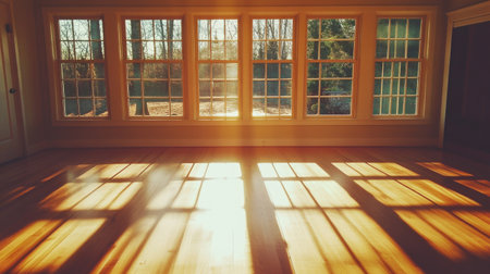 Bright, empty room with large windows letting in sunlight, casting soft shadows on the wooden floor. Simple, clean design.の素材