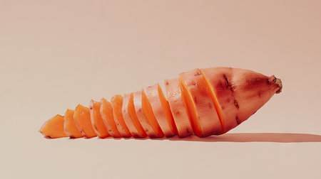 Fresh sweet potato with even slices fanned out beside it, isolated on a light background, vibrant and clean presentation.の素材