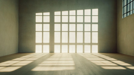 Empty room with sunlight streaming in through a wide window, brightening light wood floors and creating subtle shadows on white walls.の素材