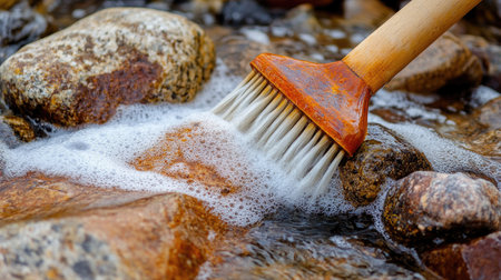 Rocky surface being scrubbed, with water and soap forming a lather under the bristles of a stiff brush.の素材