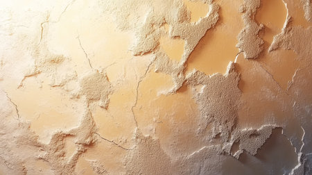 Rough plaster wall with fine cracks and uneven texture, creating a minimalist and rustic look in soft sunlight.の素材