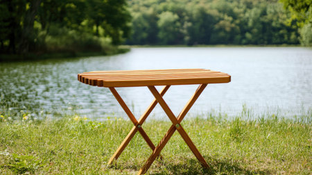 Simple, durable folding camping table by a lake, emphasizing portability with minimalist lines for easy setup.の素材