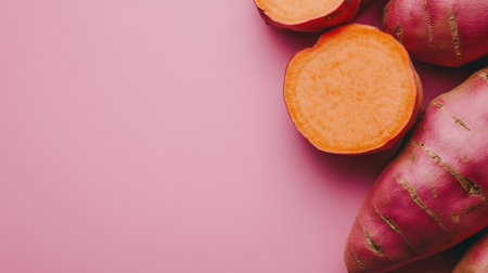 Raw sweet potato with thick slices arranged alongside, isolated on a clean background, highlighting the natural, bright colors and textures.の素材
